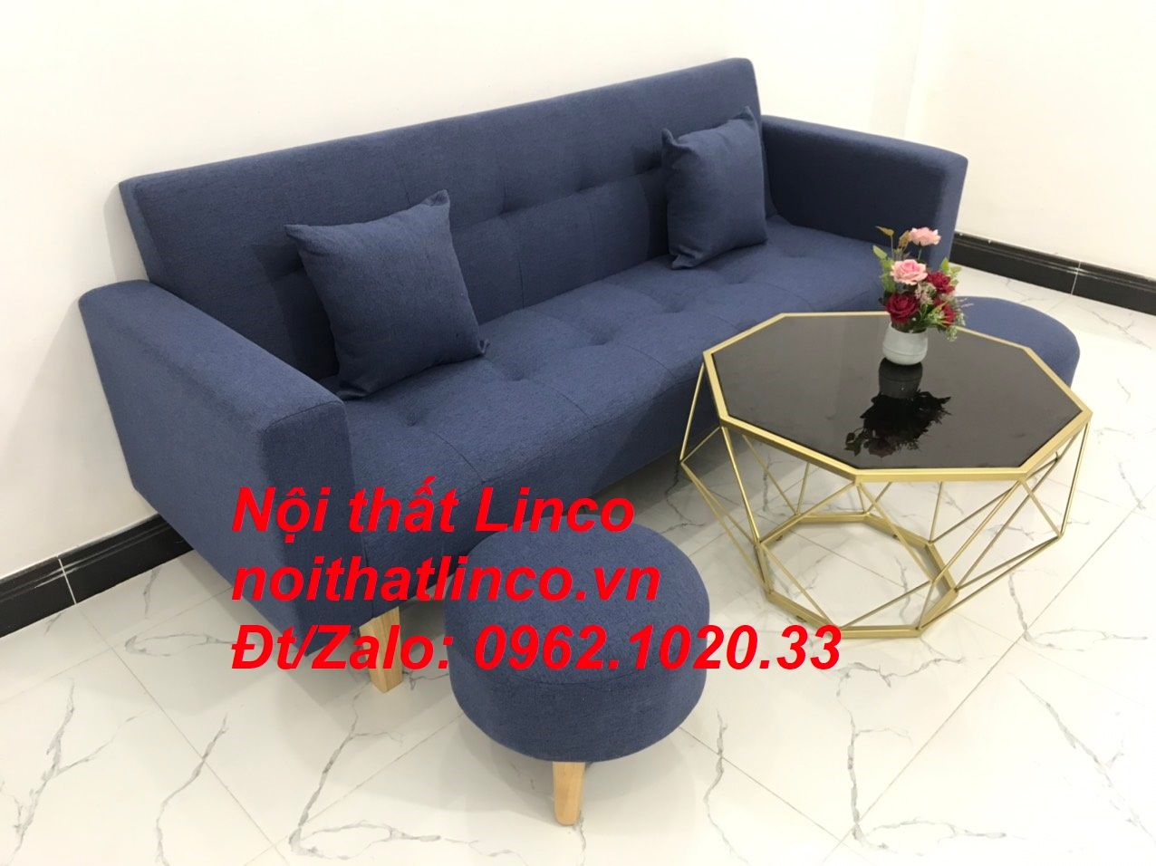 Bộ ghế sofa băng giường nằm thông minh xanh dương đen đậm rẻ Linco HCM