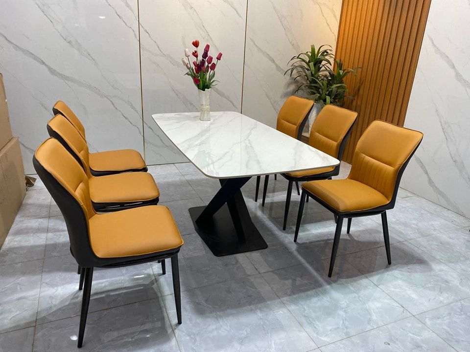 Bộ bàn ăn 6 ghế da Pu 23-BAD6-G38-B70 bàn đá ceramic