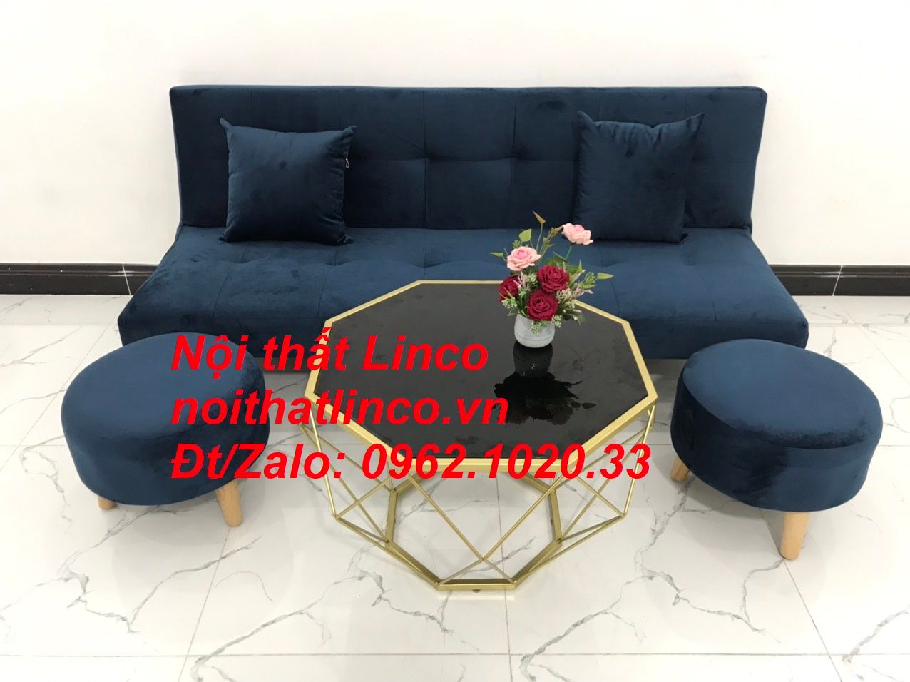 Bộ ghế sofa giường bed 1m72 xanh dương đen đậm vải nhung đẹp