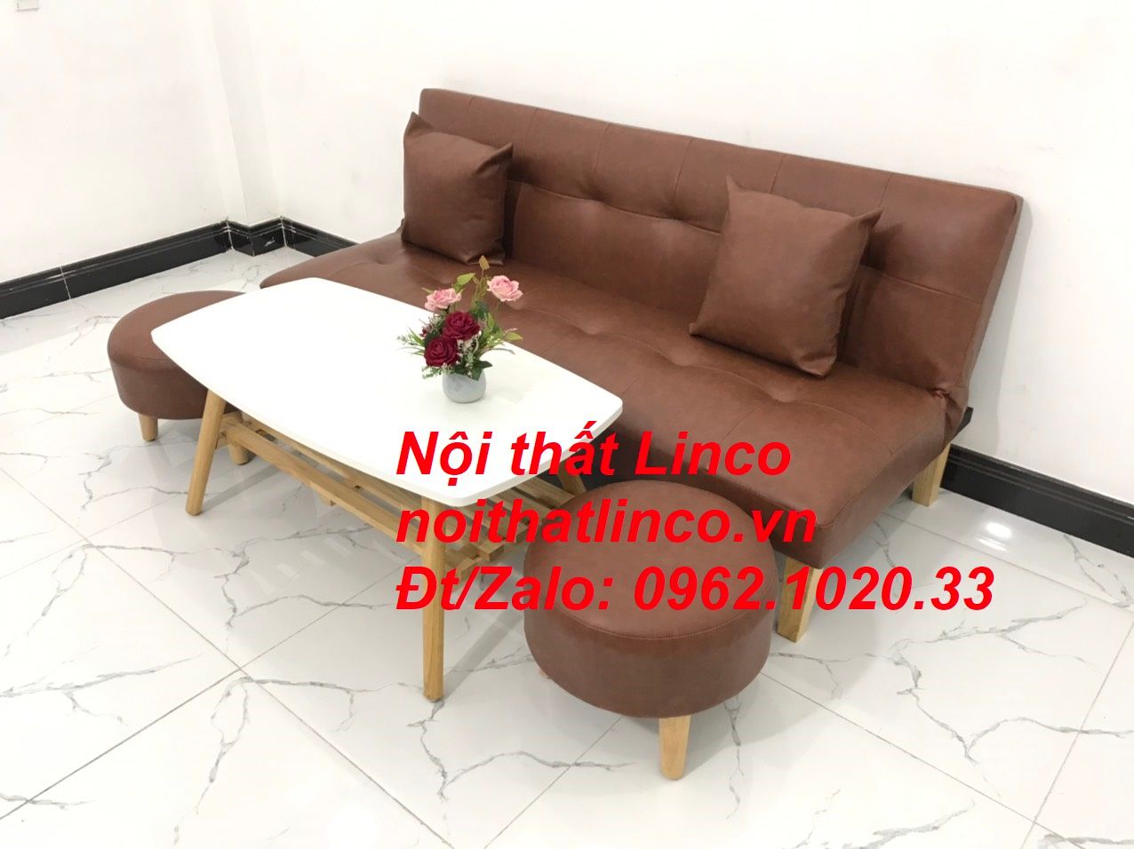 Bộ ghế sofa giường bed simili màu nâu cafe giá rẻ Nội thất Linco Tphcm Sài Gòn HCM