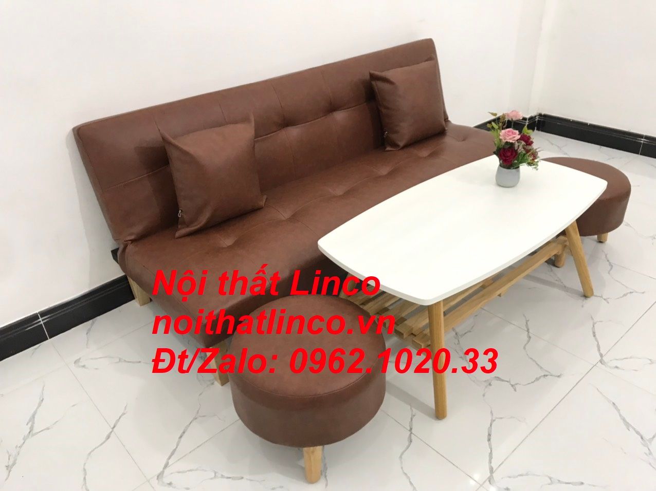 Bộ ghế sofa giường bed simili màu nâu cafe giá rẻ Nội thất Linco Tphcm Sài Gòn HCM