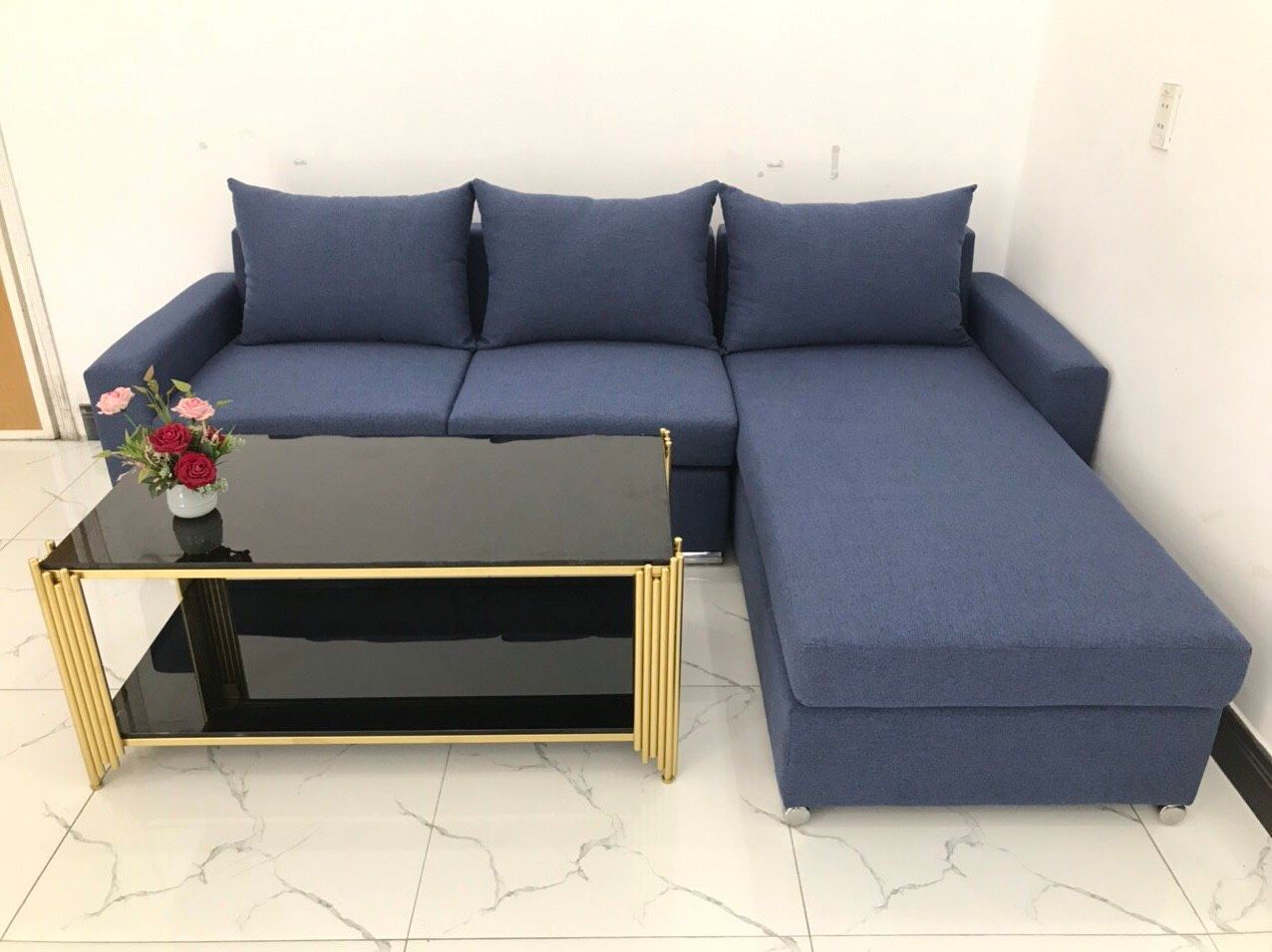 Bộ bàn ghế sofa góc L dài 2m2 x 1m6 màu xanh dương đậm giá rẻ