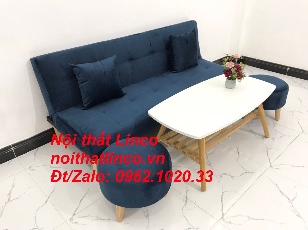 Bộ ghế sofa giường bed 1m72 xanh dương đen đậm vải nhung đẹp
