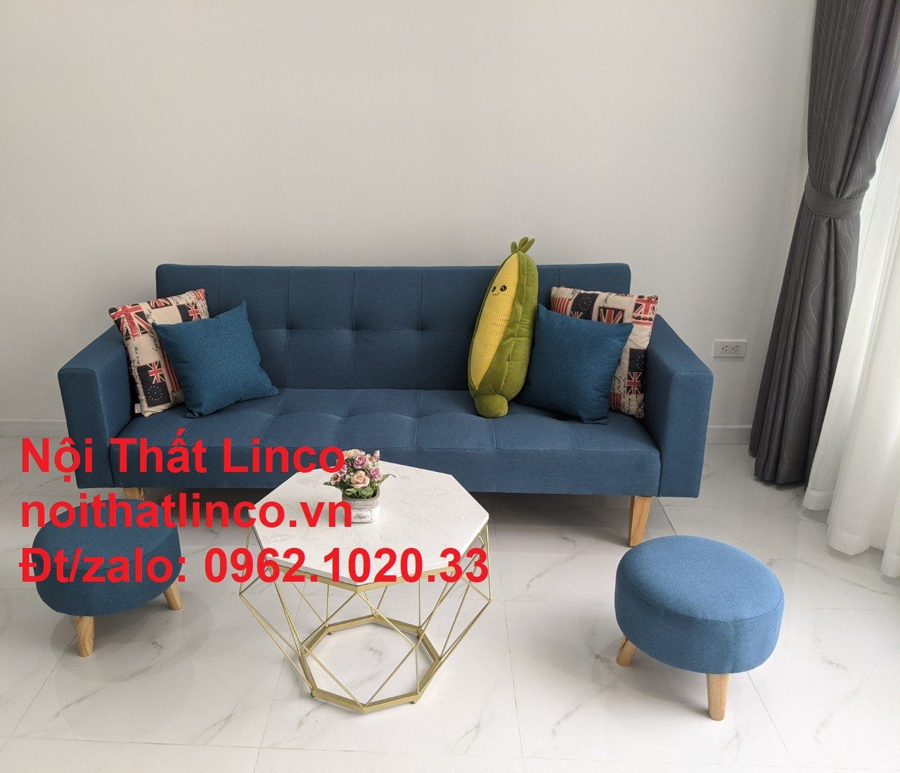 Bộ ghế salon, sopha (băng) văng | Sofa giường nằm nhỏ gọn đẹp xanh nước biển rẻ | Nội thất Linco