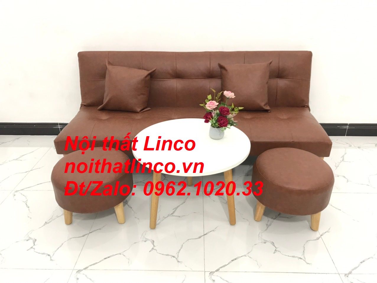 Bộ ghế sofa giường bed simili màu nâu cafe giá rẻ Nội thất Linco Tphcm Sài Gòn HCM