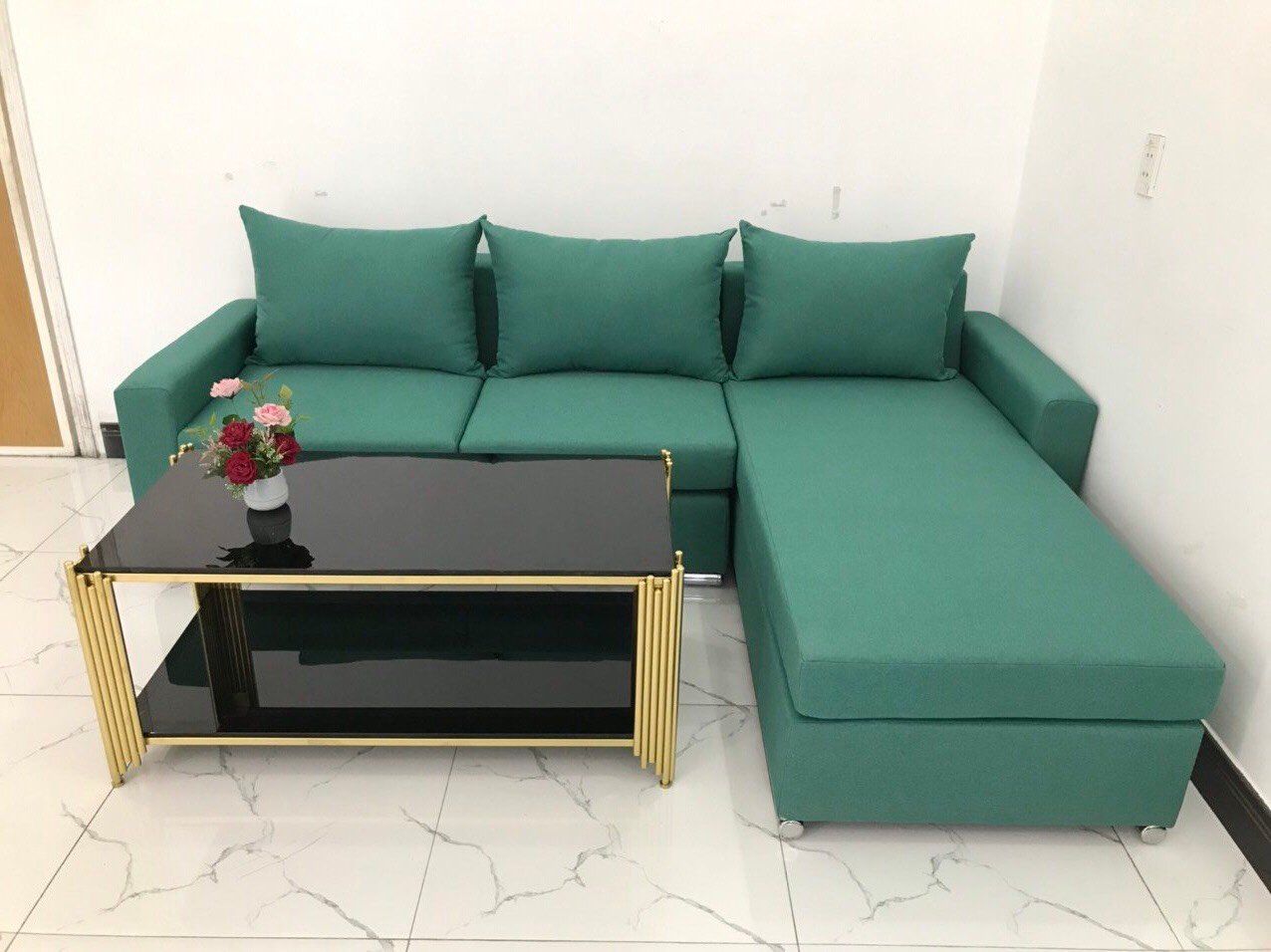 Bộ ghế sofa góc giá rẻ 2m2 x 1m6 màu xanh ngọc vải nỉ bố