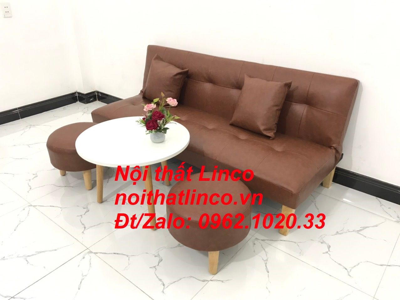 Bộ ghế sofa giường bed simili màu nâu cafe giá rẻ Nội thất Linco Tphcm Sài Gòn HCM