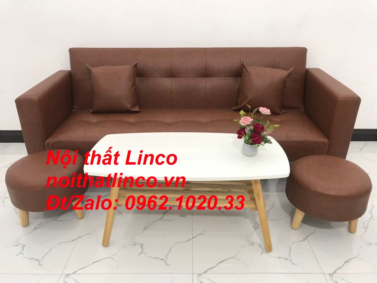 Bộ ghế sofa băng đa năng dài 2m bật giường nằm simili nâu