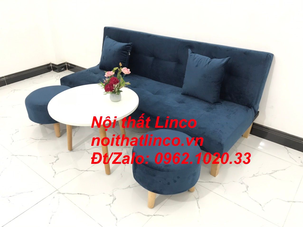 Bộ ghế sofa giường bed 1m72 xanh dương đen đậm vải nhung đẹp