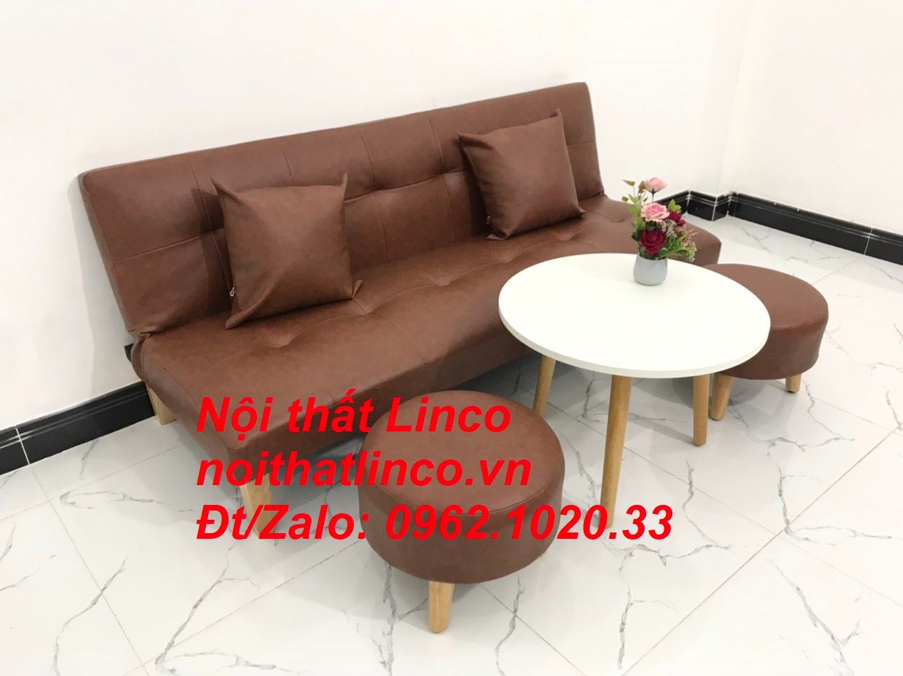 Bộ ghế sofa giường bed simili màu nâu cafe giá rẻ Nội thất Linco Tphcm Sài Gòn HCM