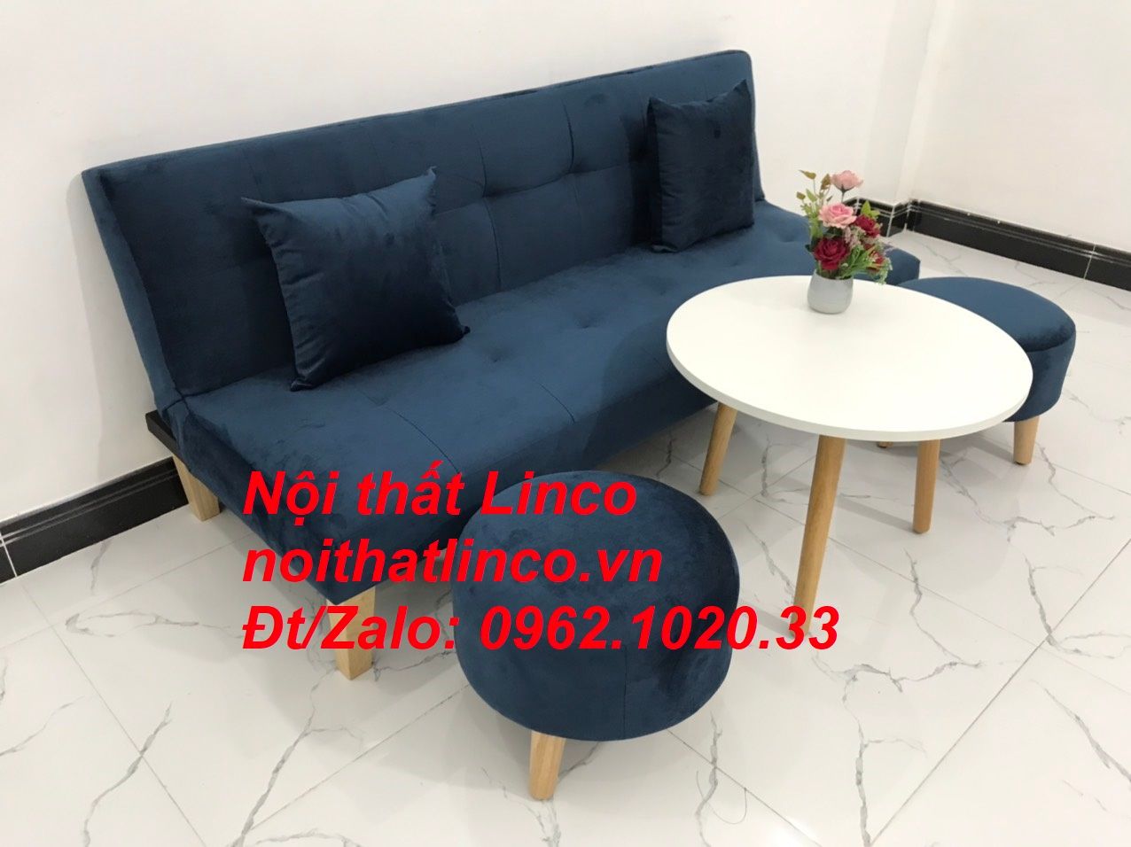 Bộ ghế sofa giường bed 1m72 xanh dương đen đậm vải nhung đẹp