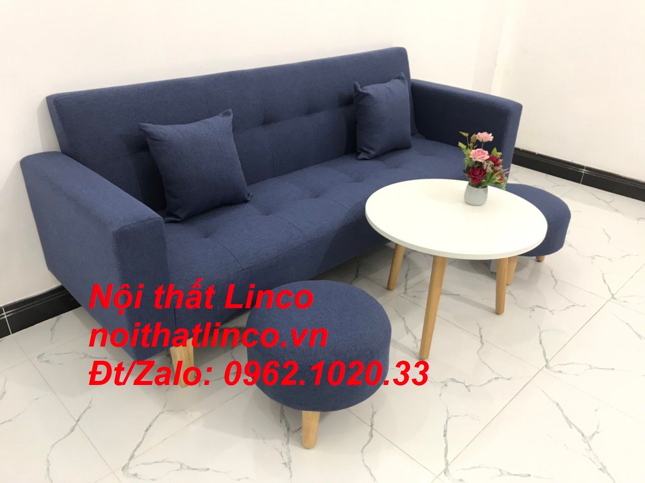 Bộ ghế sofa băng giường nằm thông minh xanh dương đen đậm rẻ Linco HCM