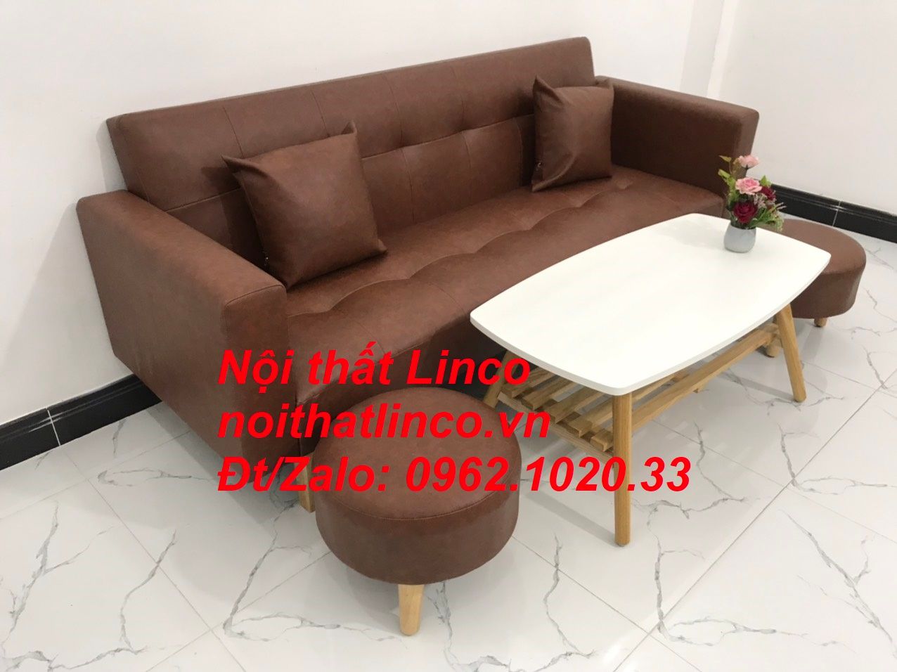 Bộ ghế sofa băng đa năng dài 2m bật giường nằm simili nâu