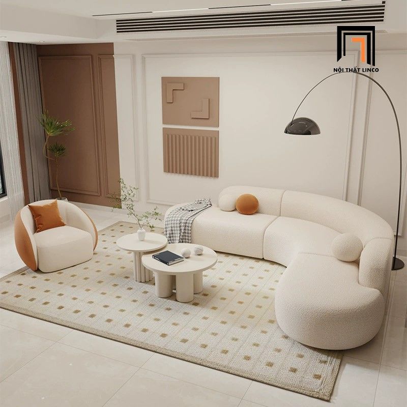 Bộ ghế sofa cong GT263 Burtrum 2m5 x 2m1 vải lông cừu trắng