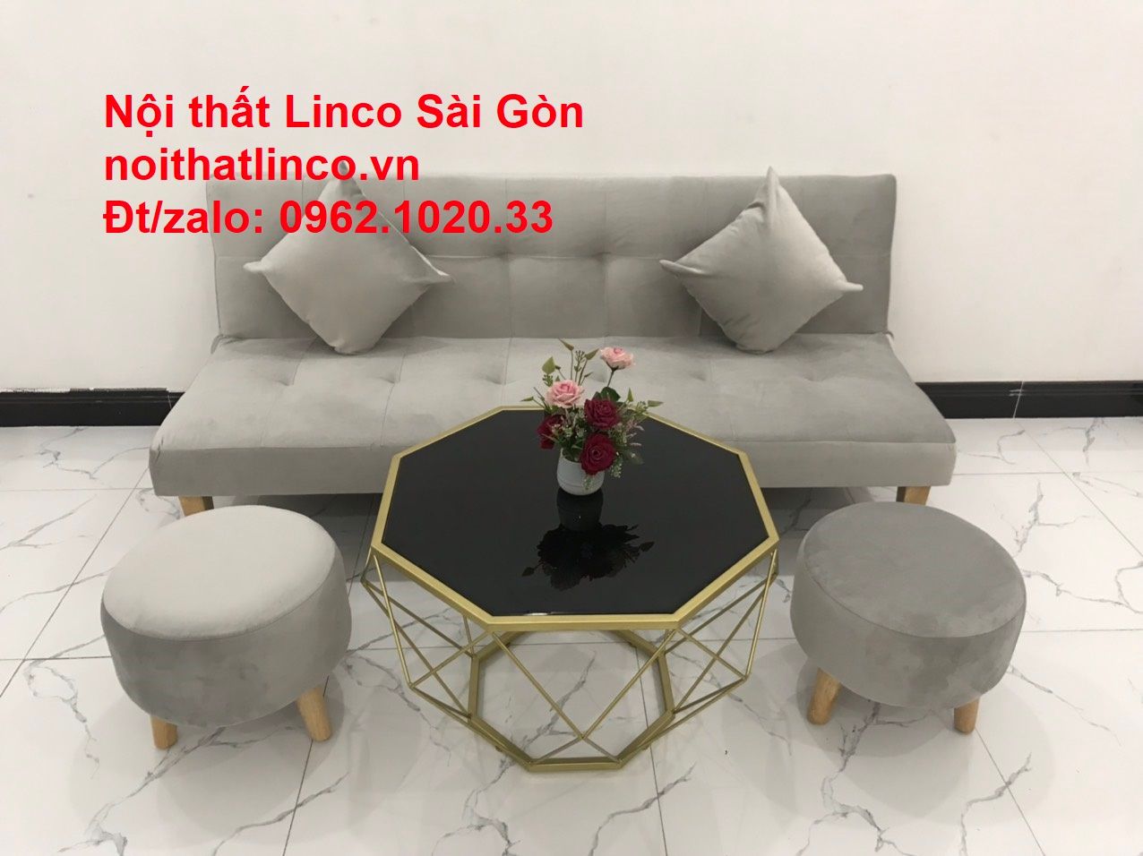 Bộ ghế sofa bed giường nằm nhỏ gọn 1m7 giá rẻ xám lông chuột vải nhung ở tại Nội thất Linco Sài Gòn