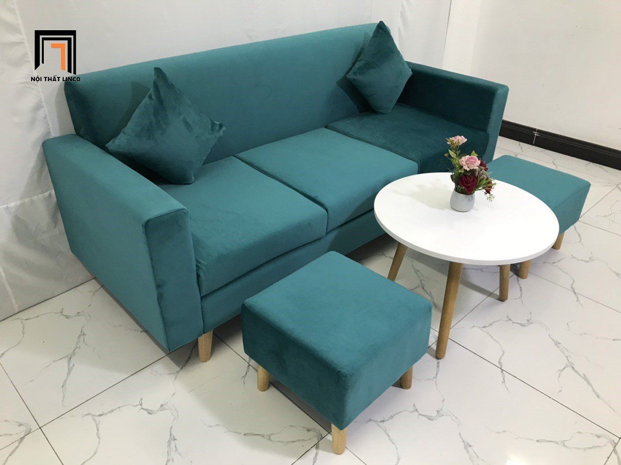 Bộ ghế sofa băng nhỏ gọn NS05 dài 1m9 màu xanh lá vải nhung