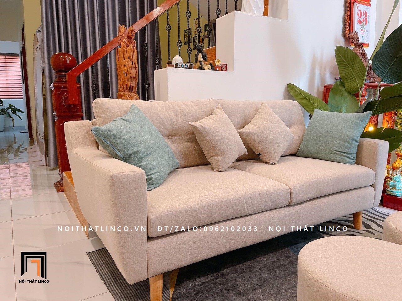 Ghế sofa băng BT113 Saxon dài 1m9 vải bố cotton trắng kem