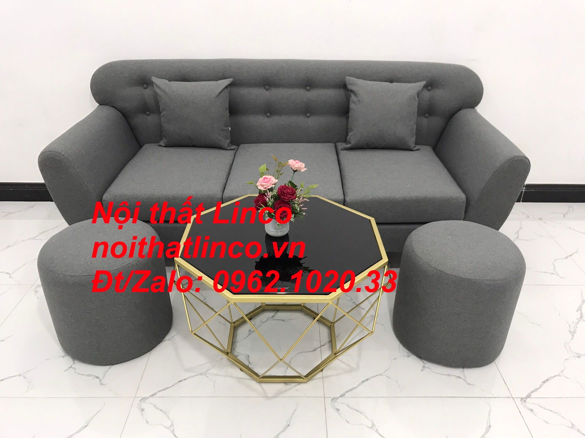 Bộ ghế sofa băng BTC dài 1m9 xám lông chuột vải bố