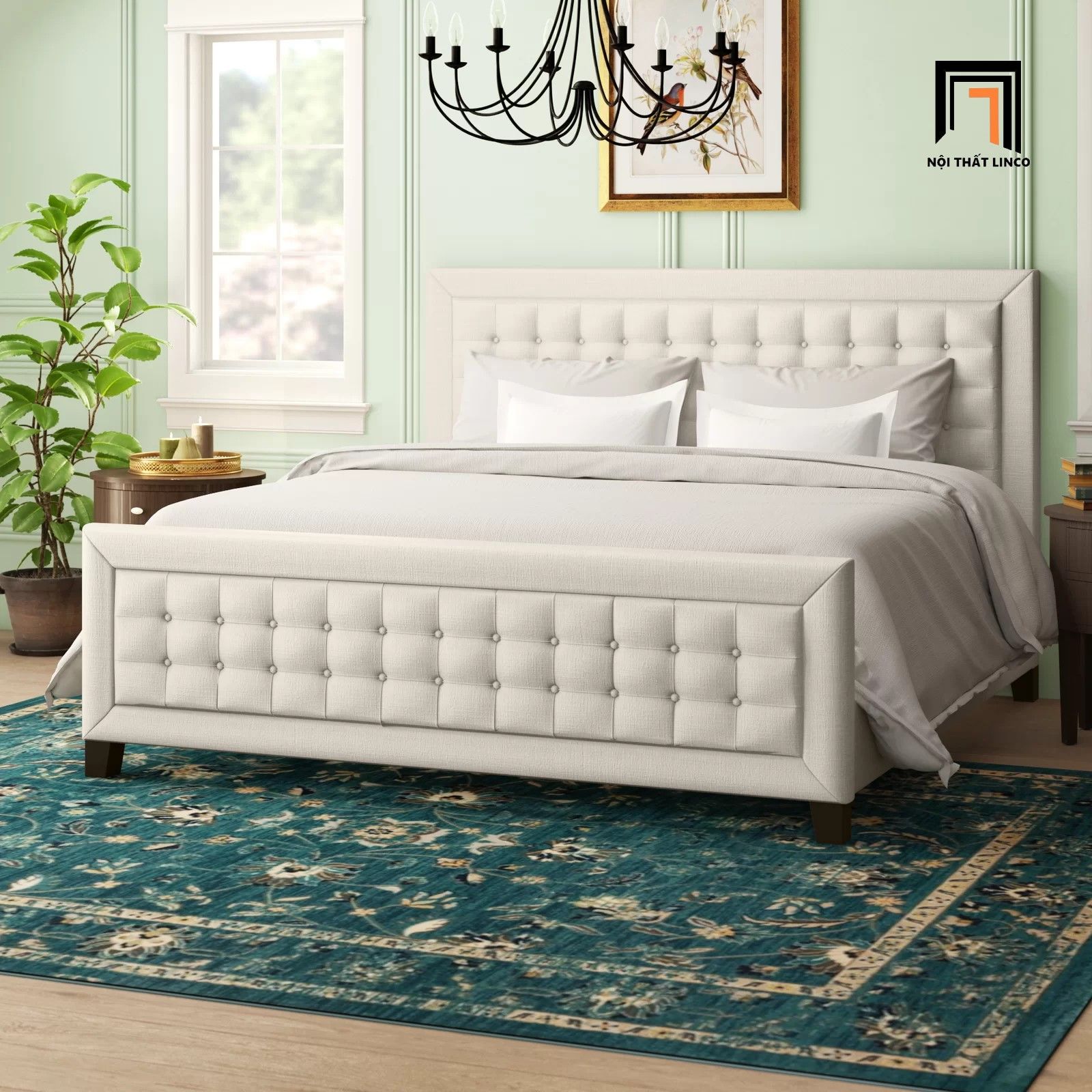 Giường ngủ vải nỉ GN25 Kaster màu trắng kem giật nút xinh xắn