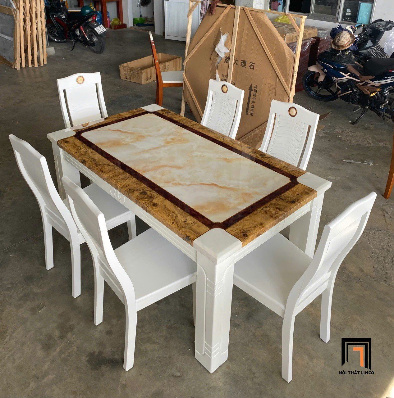 Combo bàn ăn 6 ghế ngồi GF15-BAD6-G307-B354 màu trắng xinh