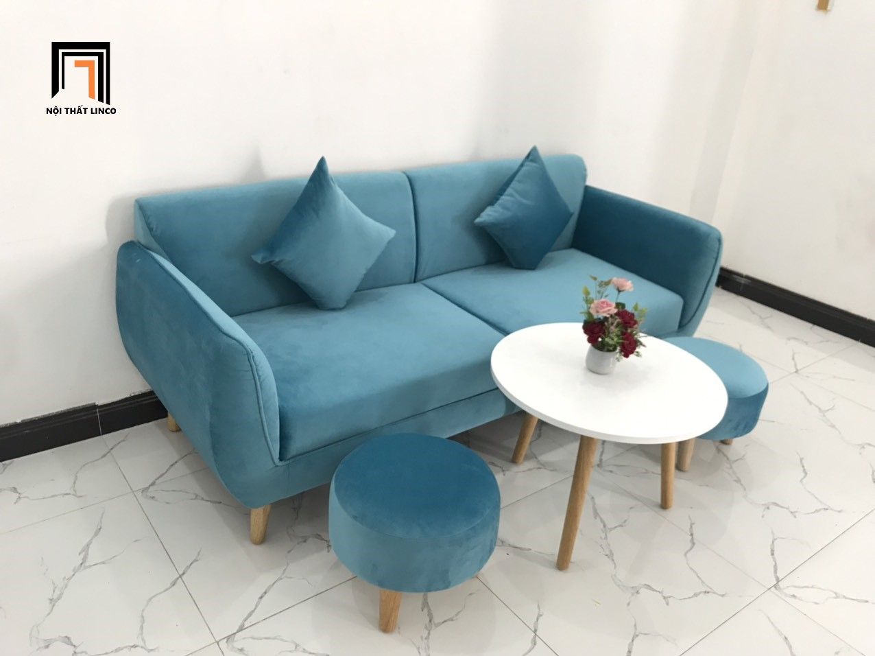 Bộ bàn ghế sofa băng xanh dương nước biển BB dài 1m9 cho căn hộ