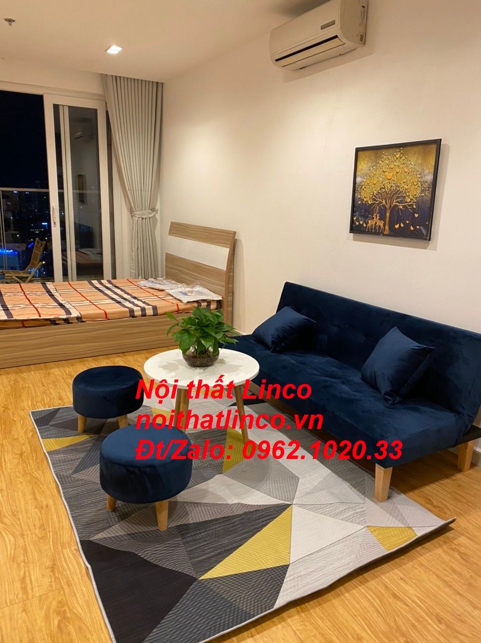 Bộ ghế sofa giường xanh dương đen đậm vải nhung Nội thất Linco Sài Gòn