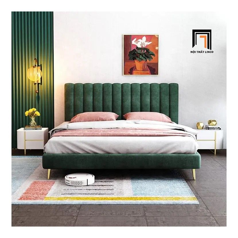 Giường ngủ xinh xắn GN32 Jasy đầu giường chia múi vải nhung