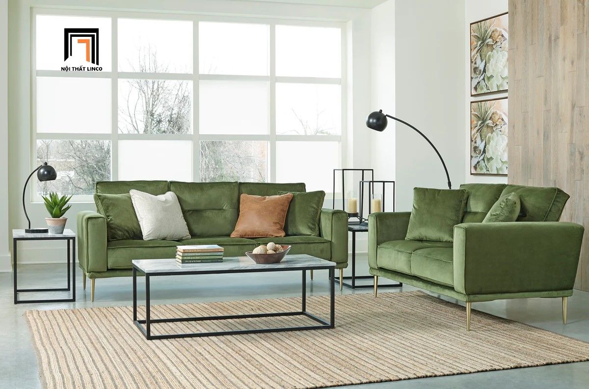Bộ ghế sofa phòng khách KT47 Brynlee xanh lá vải nhung nỉ