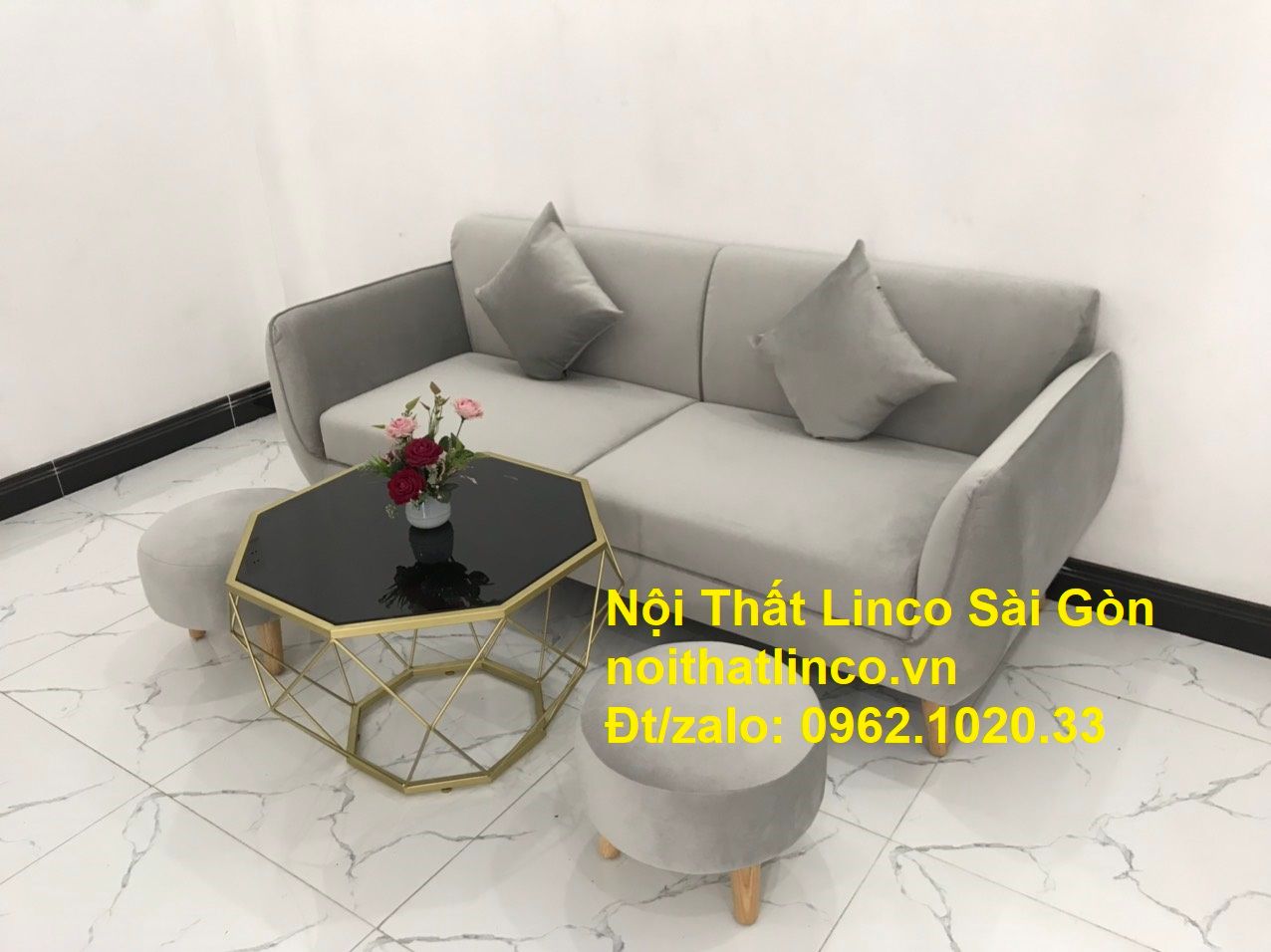 Bộ ghế salong băng dài 1m9 đẹp | Sofa văng xám lông chuột giá rẻ | Nội thất Linco Sài Gòn