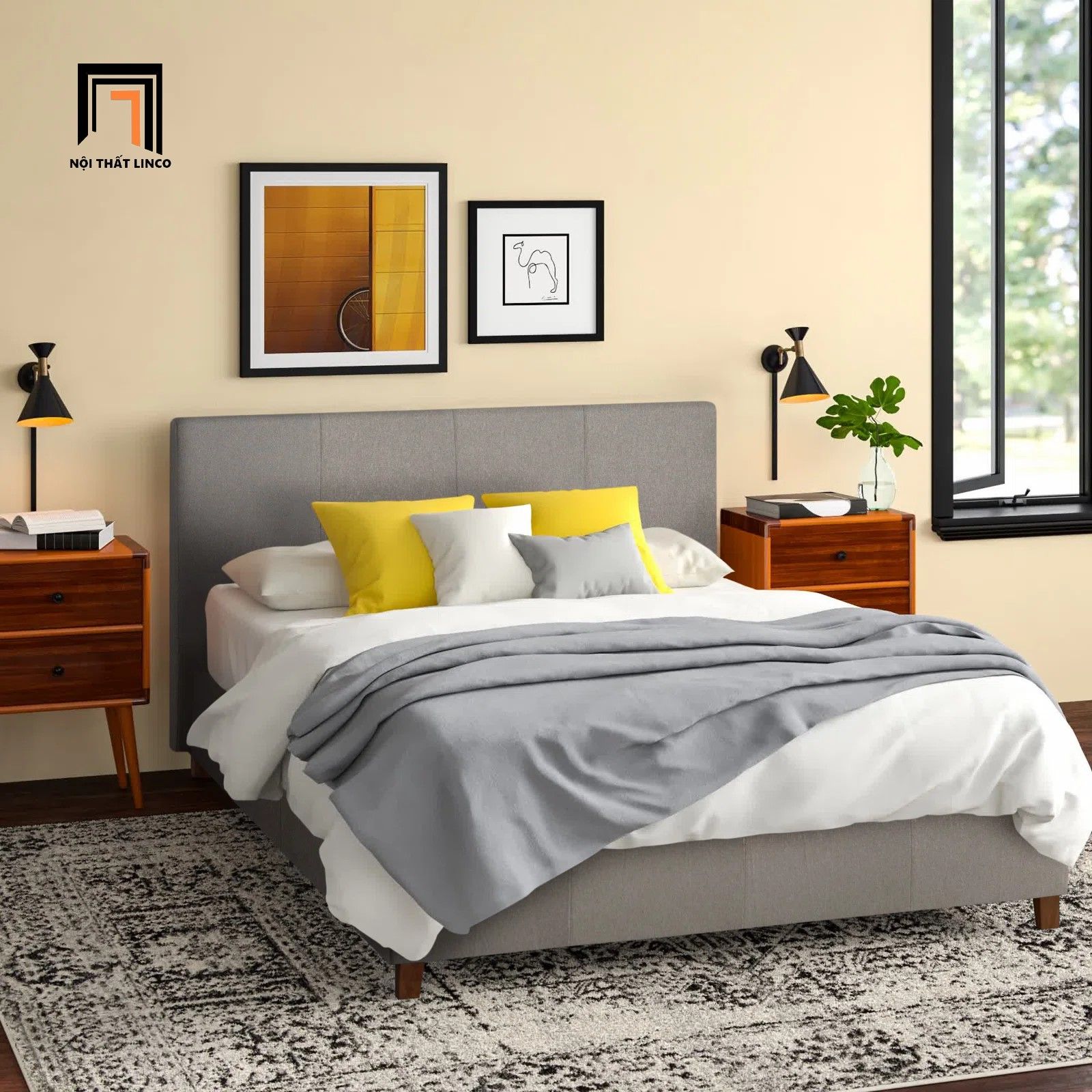 Giường ngủ bọc vải màu xám giá rẻ GN6 Hudspeth dài 1m6 x 2m
