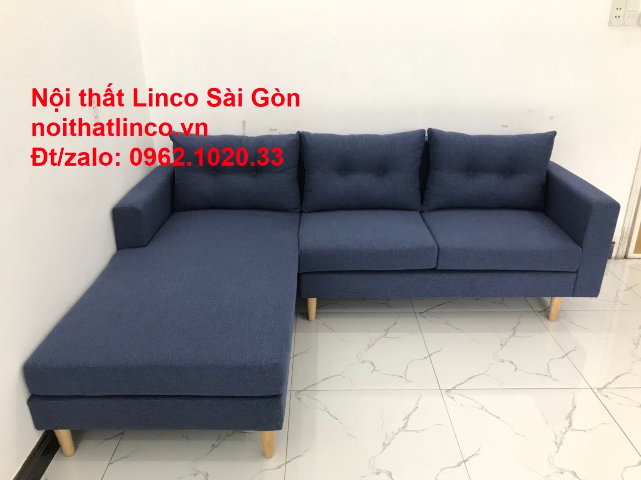 Bộ bàn ghế sofa góc L đẹp, sofa góc dài 2m2 x 1m6 nhỏ giá rẻ xanh dương đen | Nội thất Linco HCM