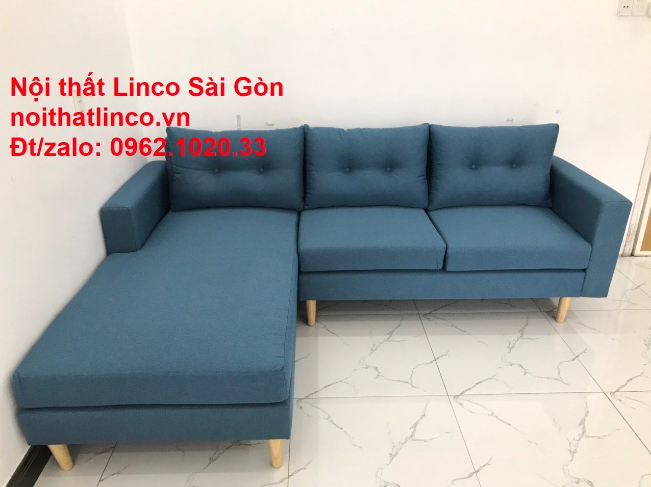 Bộ ghế sofa góc chữ L xanh dương nước biển đẹp hiện đại giá rẻ phòng khách | Nội thất Linco Tphcm