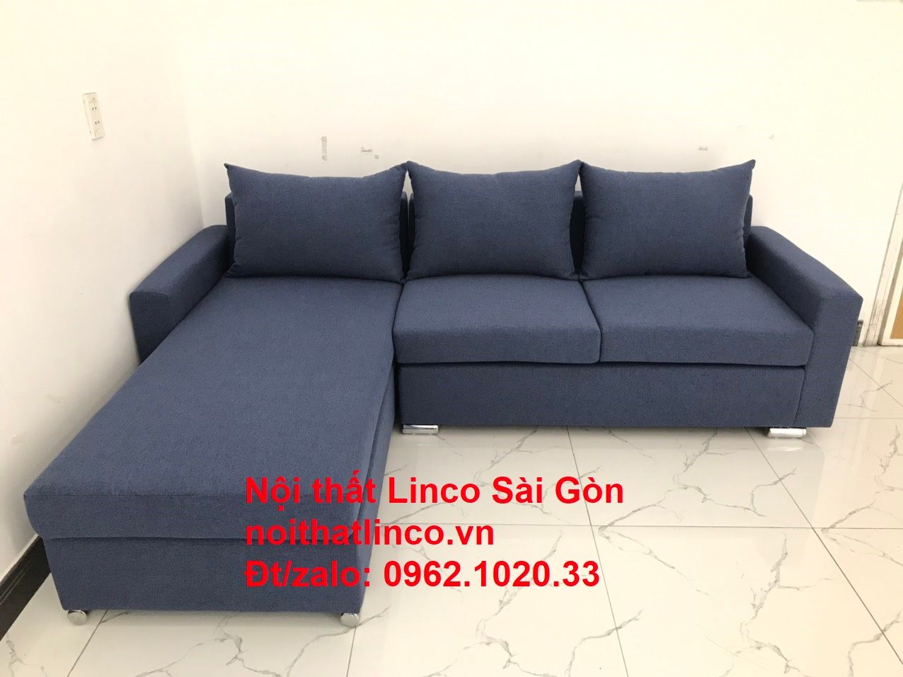 Bộ bàn ghế sofa góc L đẹp, sofa góc dài 2m2 nhỏ rẻ xanh dương đen | Nội thất Linco Tphcm