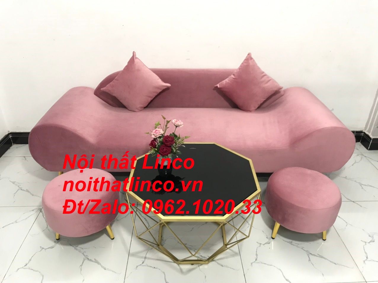 Bộ ghế sofa băng văng thuyền hồng hường cánh sen | Nội thất Linco HCM