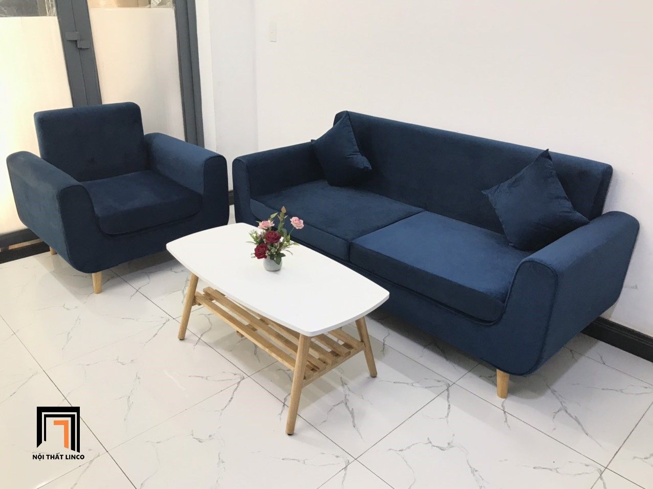 Bộ ghế sofa cho văn phòng làm việc NS04 vải nhung xanh đậm