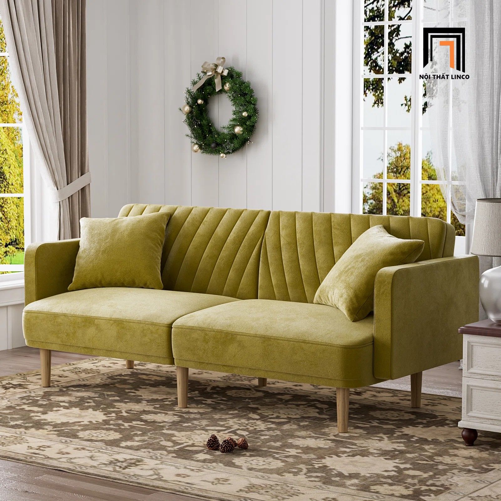 Ghế sofa giường dài 2m GB78 Alcivar vải nhung hồng phấn