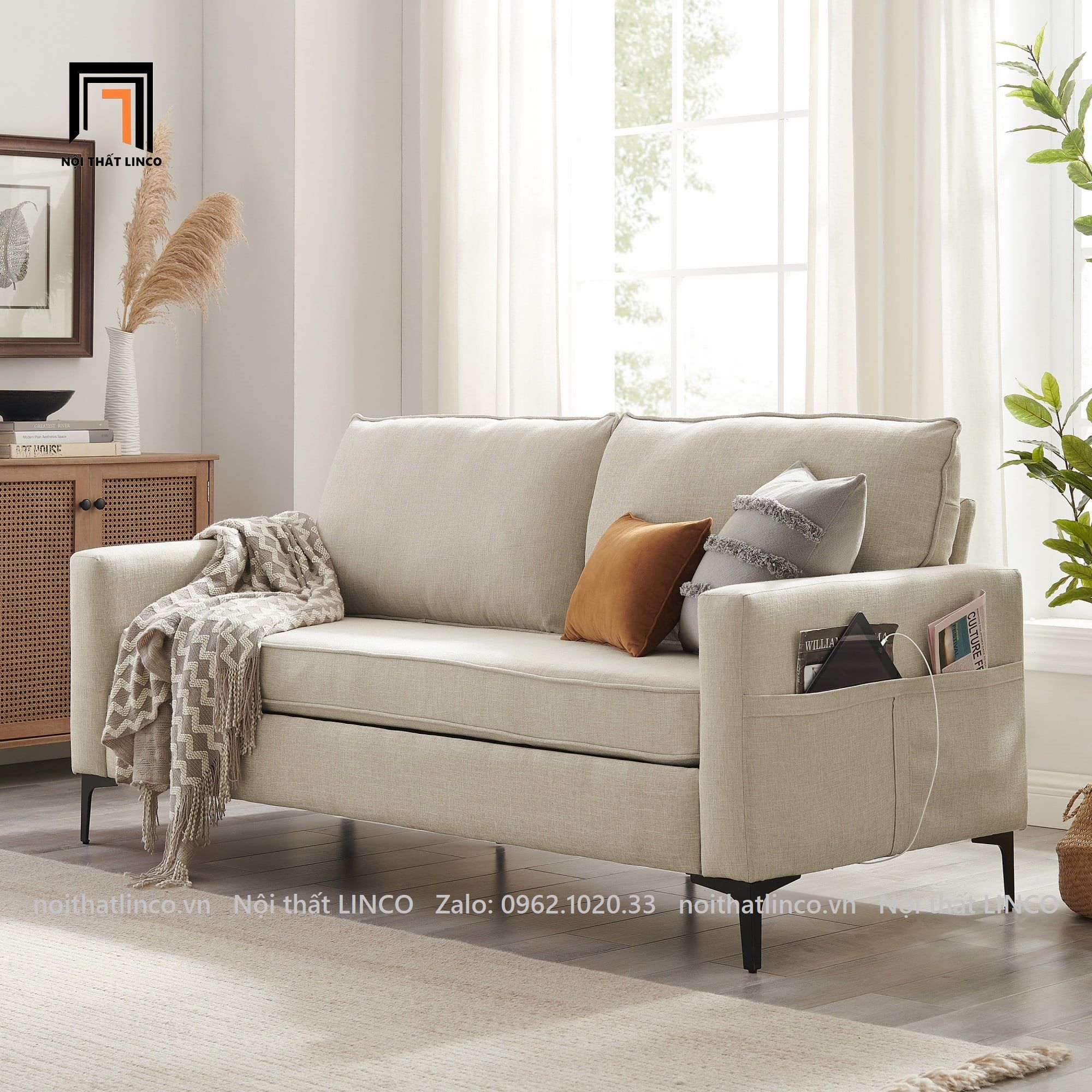 Ghế sofa băng phong cách Ý BT52-Larissa 1m9 có túi đựng đồ