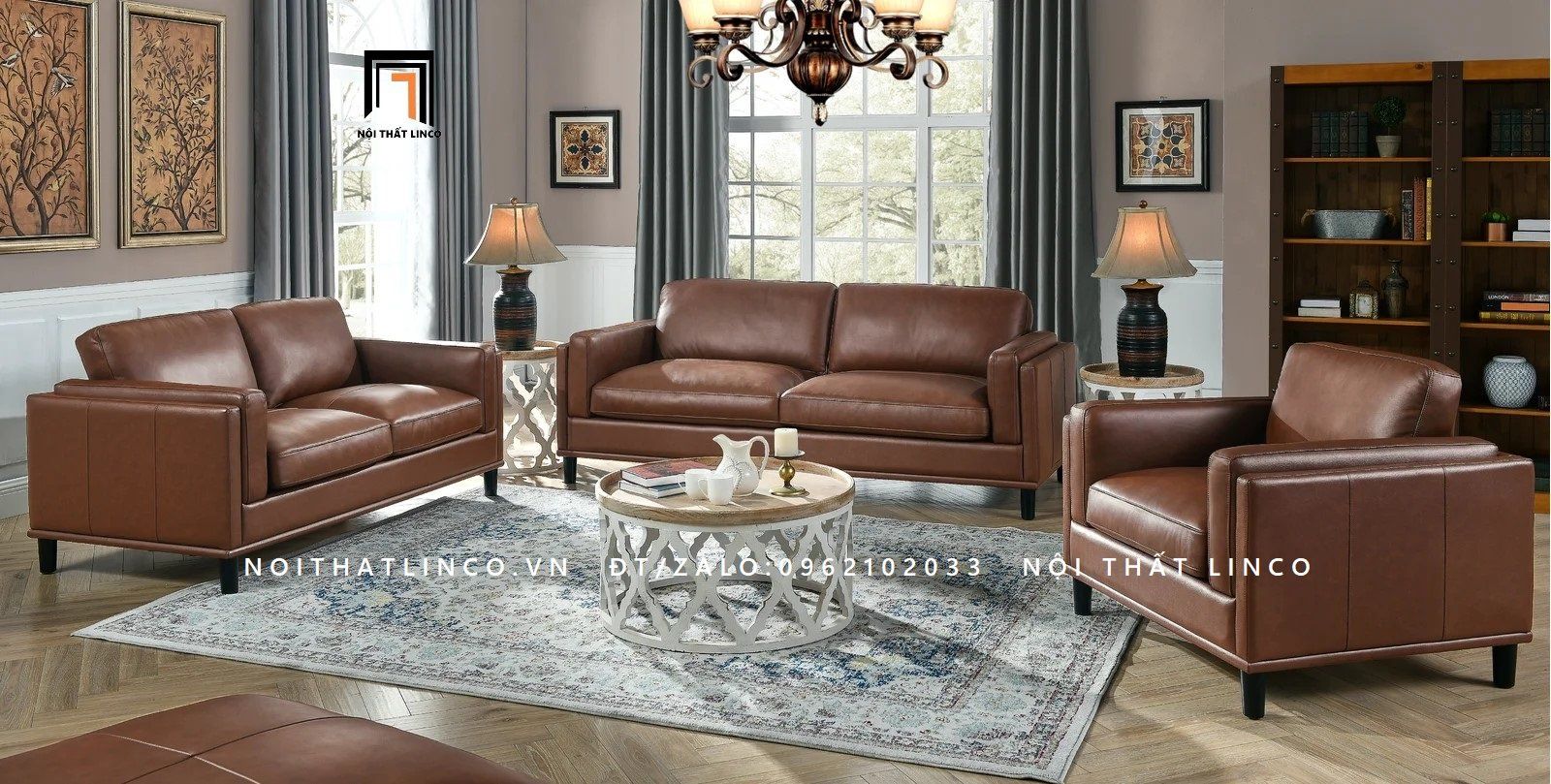 Bộ ghế sofa phòng khách KT35 Kassy da simili màu da bò
