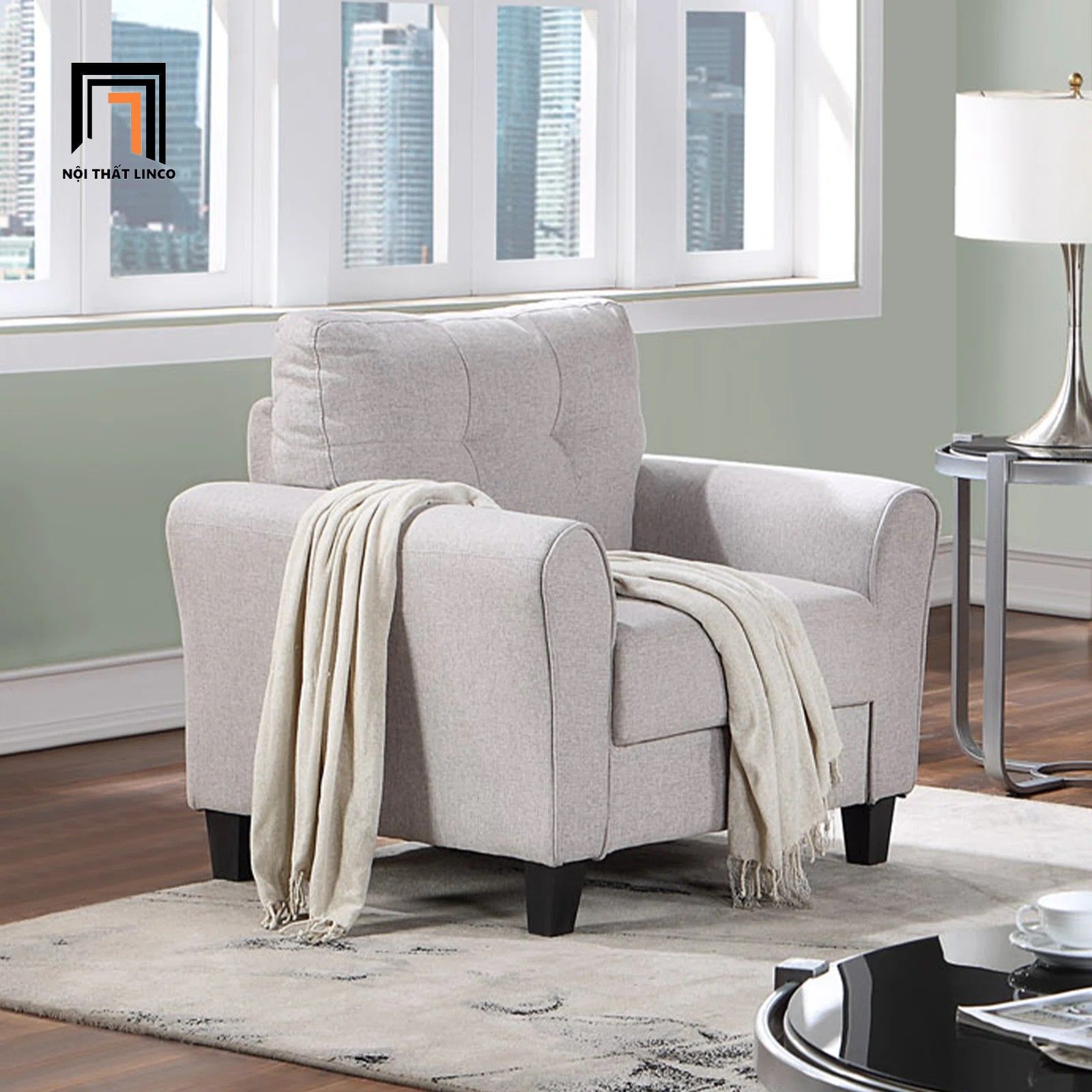 Bộ ghế sofa vải nỉ xám trắng KT127 Fredel cho gia đình xinh xắn