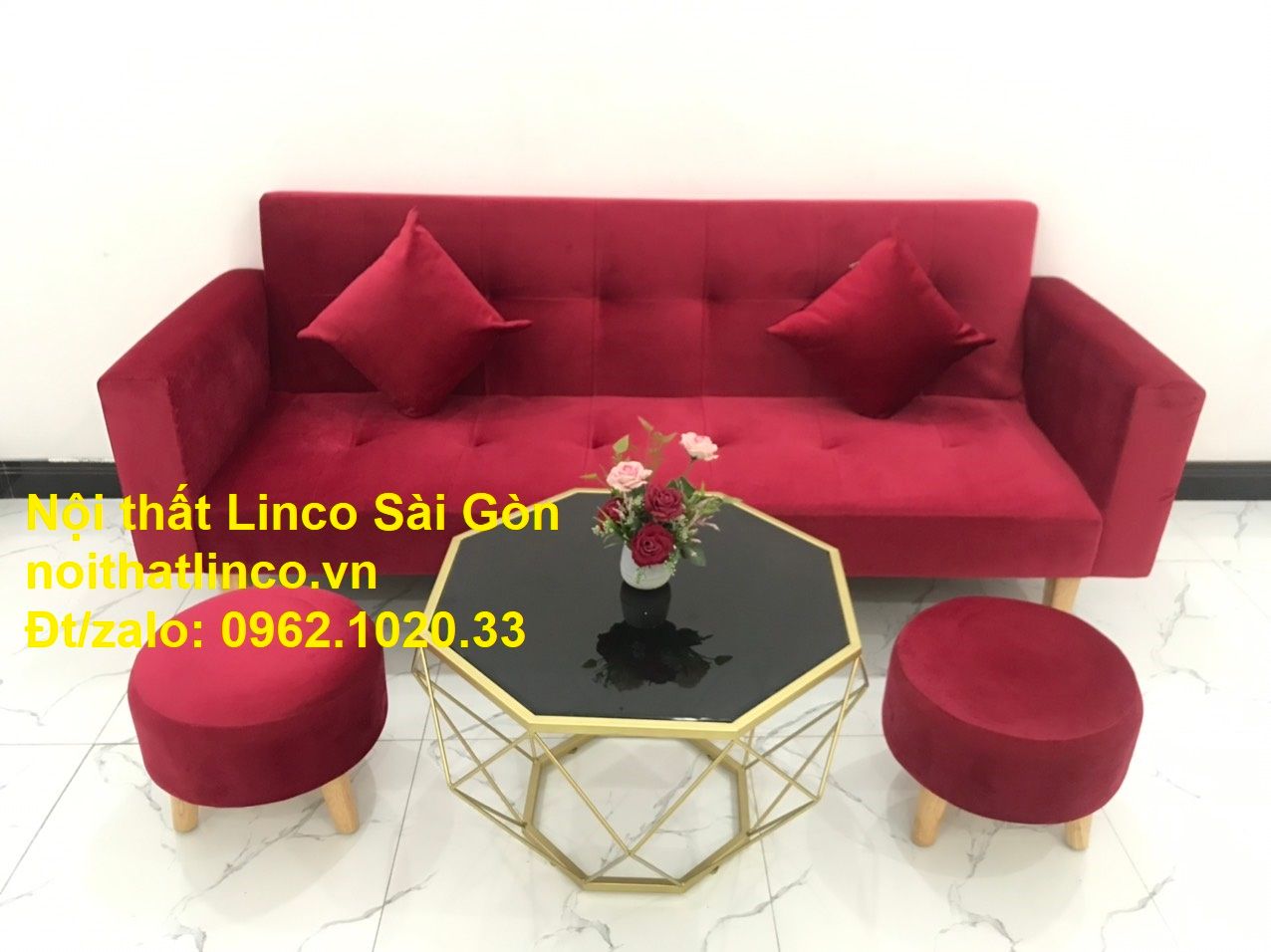 Bộ ghế sofa giường đa năng màu đỏ vải nhung rẻ đẹp | Nội thất Linco Sài Gòn