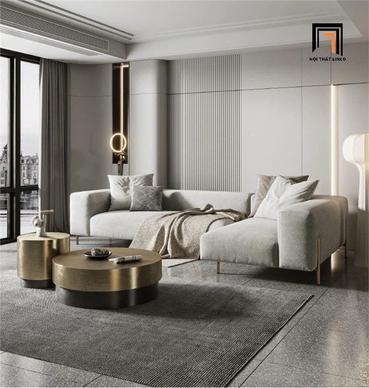 Sofa góc L vải nỉ xám trắng GT241 Moront 2m4 x 1m6 chân inox