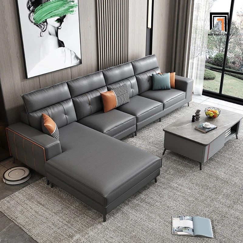 Bộ ghế sofa góc cao cấp GT224 Baschi 3m x 1m7 da giả xám đen