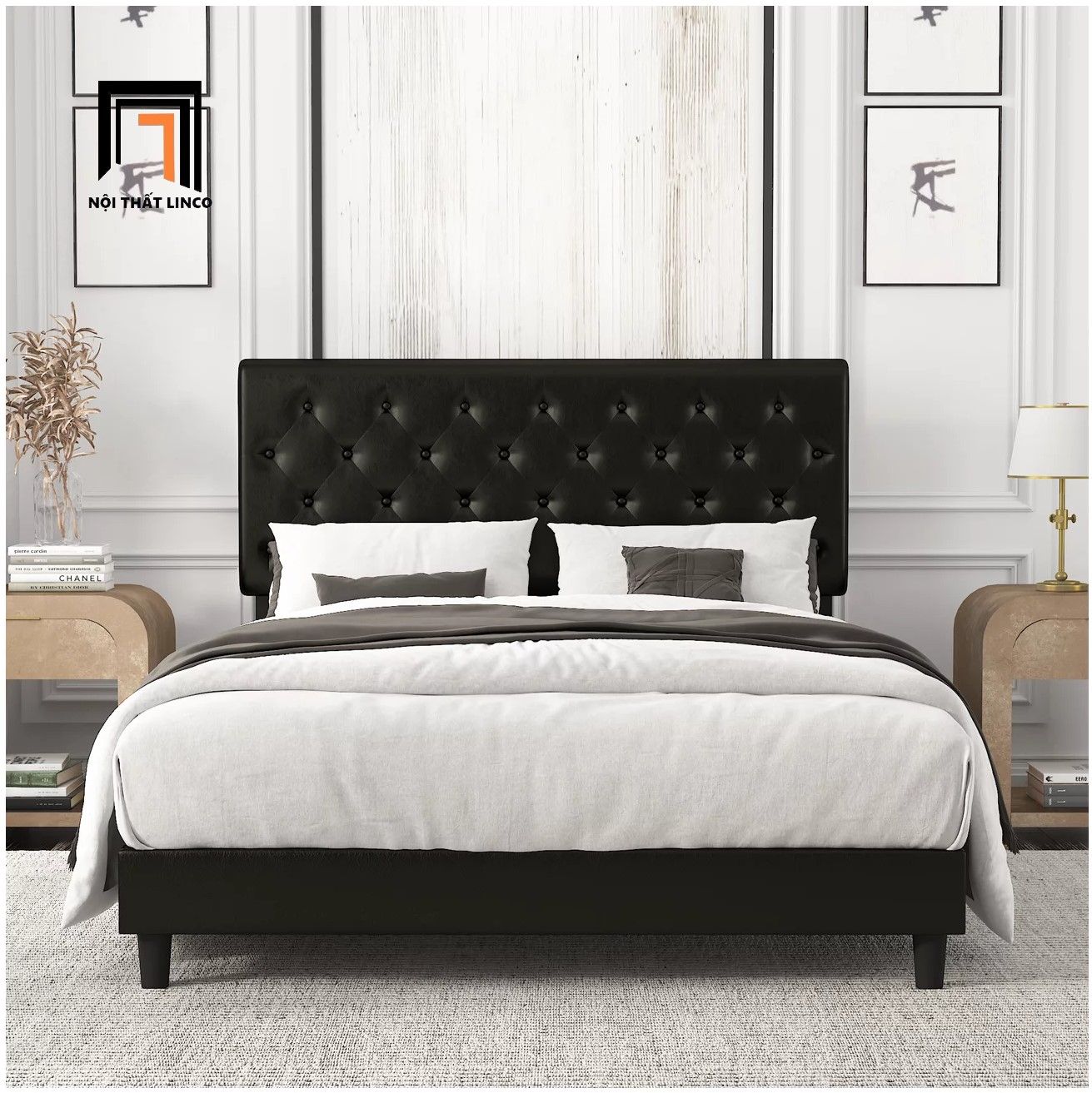 Giường ngủ 1m6 x 2m bọc da công nghiệp GN13 Amolife màu đen