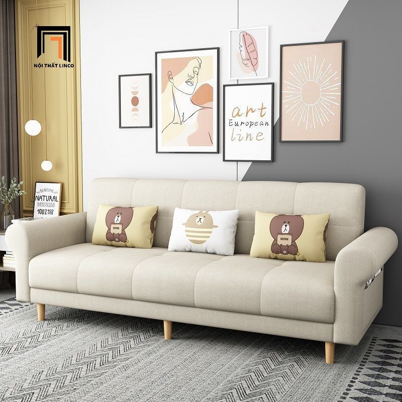 Ghế sofa giường tay kiểu cong GB112 Beiro 2m1 màu xanh lá nỉ