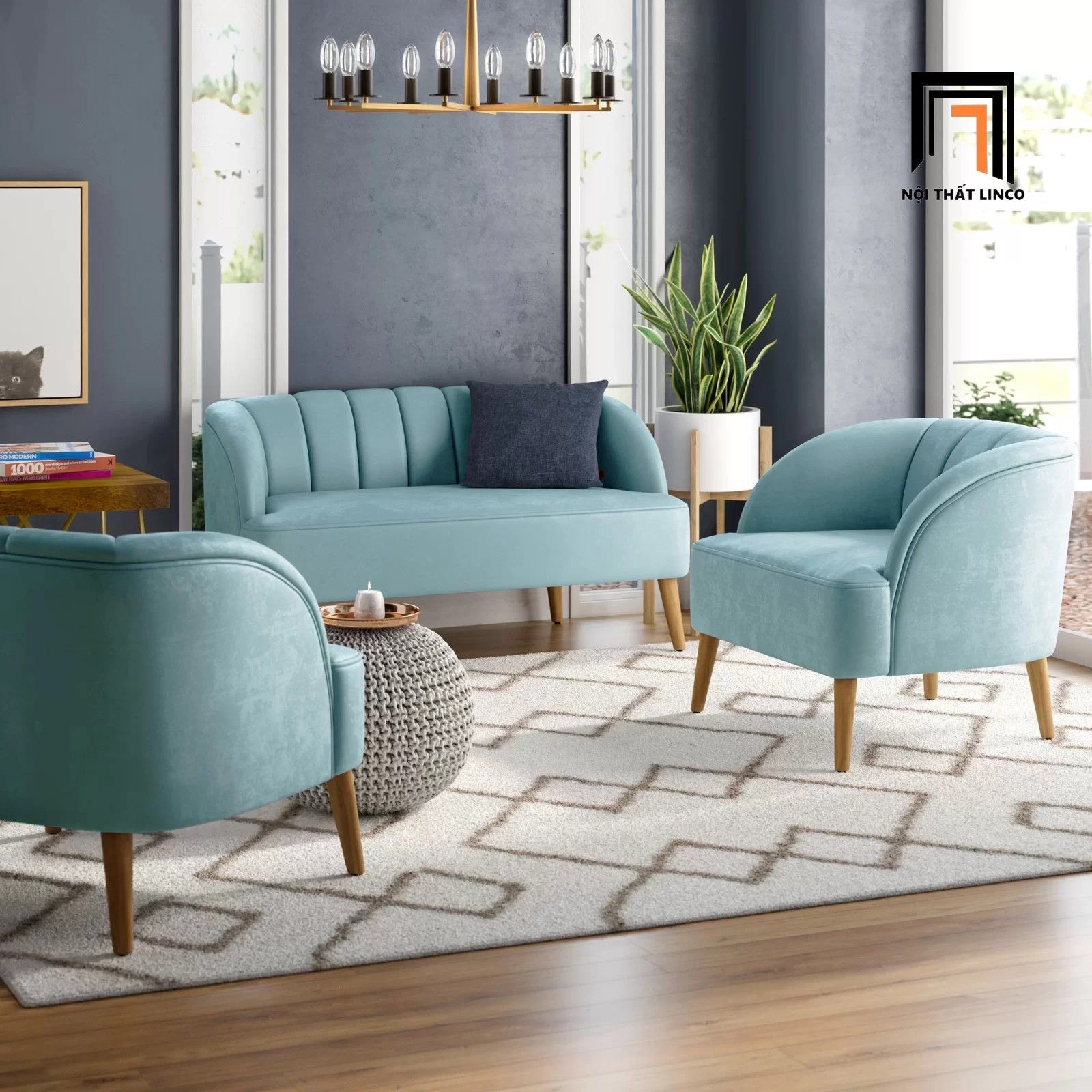 Bộ ghế sofa nhỏ xinh vải nhung KT98 Chunni cho các shop tiệm