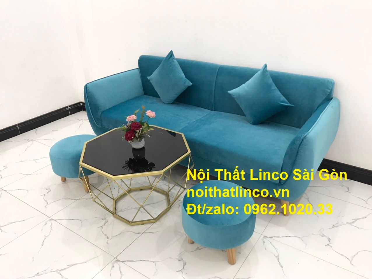 Bộ bàn ghế sofa băng xanh dương nước biển | sopha giá rẻ xanh dương da trời đẹp | ở tại Linco Sài Gòn