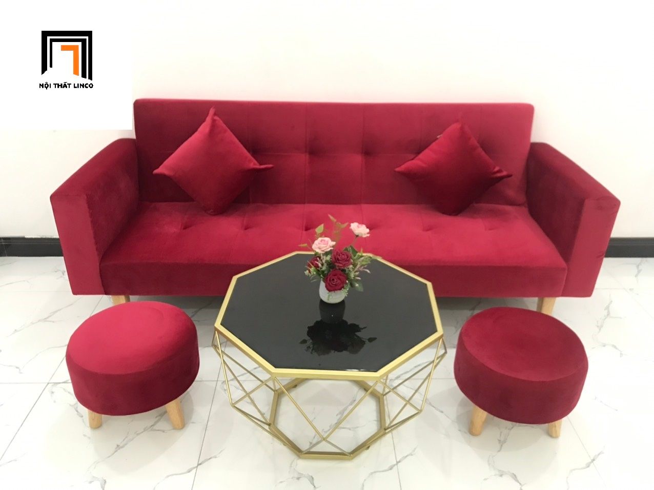 Bộ ghế sofa giường đa năng 2m màu đỏ vải nhung giá rẻ