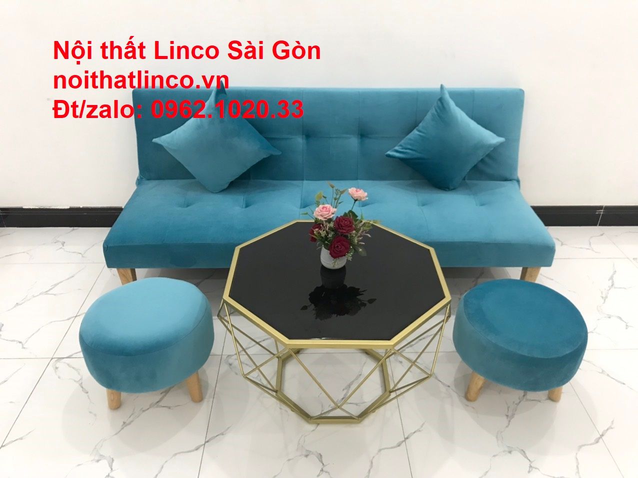 Bộ ghế sopha salon màu xanh nước biển đẹp | Sofa giá rẻ phòng khách | Nội thất Linco Sài Gòn