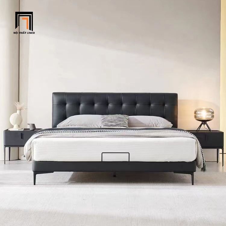 Giường ngủ bọc da Pu màu đen GN79 Kirk đầu giường giật lún