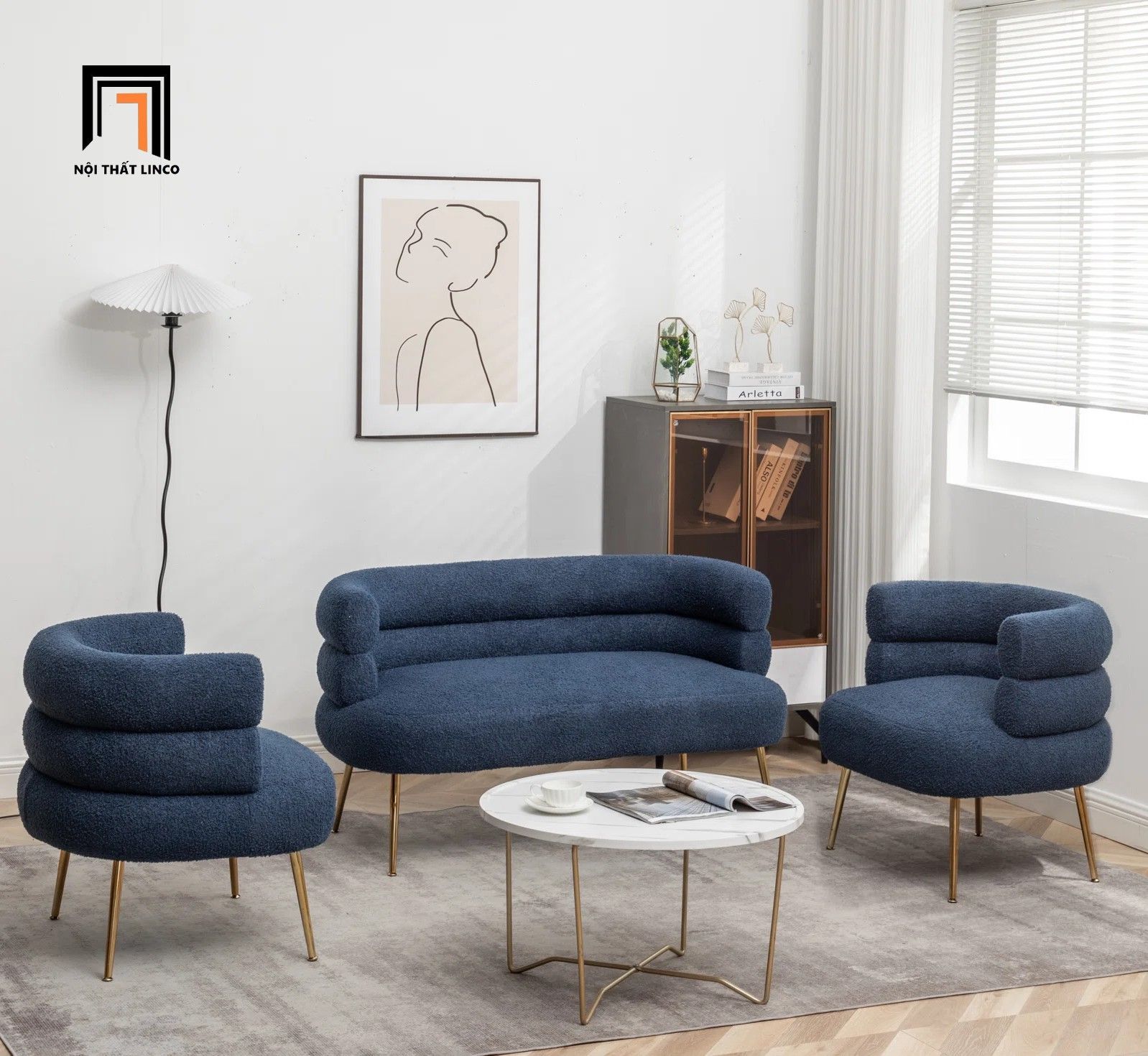 Set ghế sofa cong xinh vải lông cừu KT144 Demetrius giá rẻ